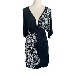 Floral Babydoll Black White Floral Embroidery Design Short Dress Women Sz M